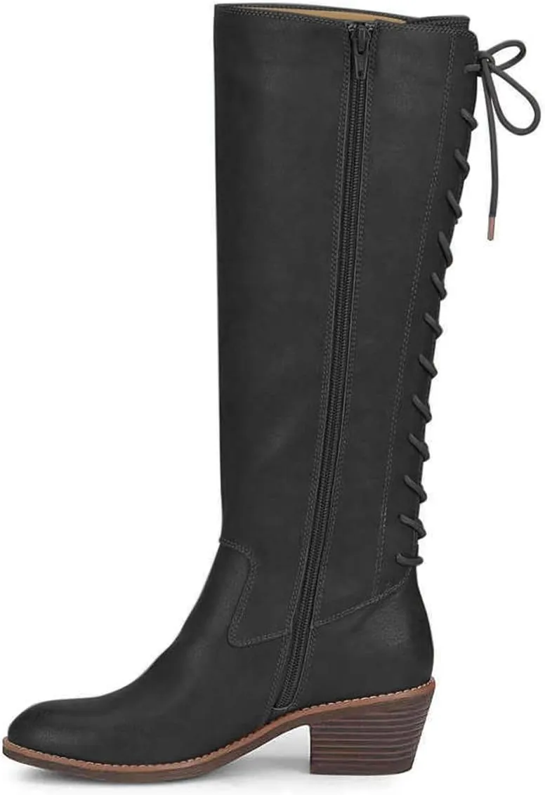 FSJ Women Retro Knee High Combat Boots Stacked Block Heels Almond Toe Lace-up Zipper Party Winter Boots Shoe Size 4-15 US