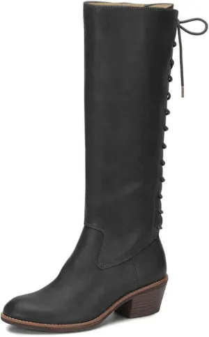 FSJ Women Retro Knee High Combat Boots Stacked Block Heels Almond Toe Lace-up Zipper Party Winter Boots Shoe Size 4-15 US
