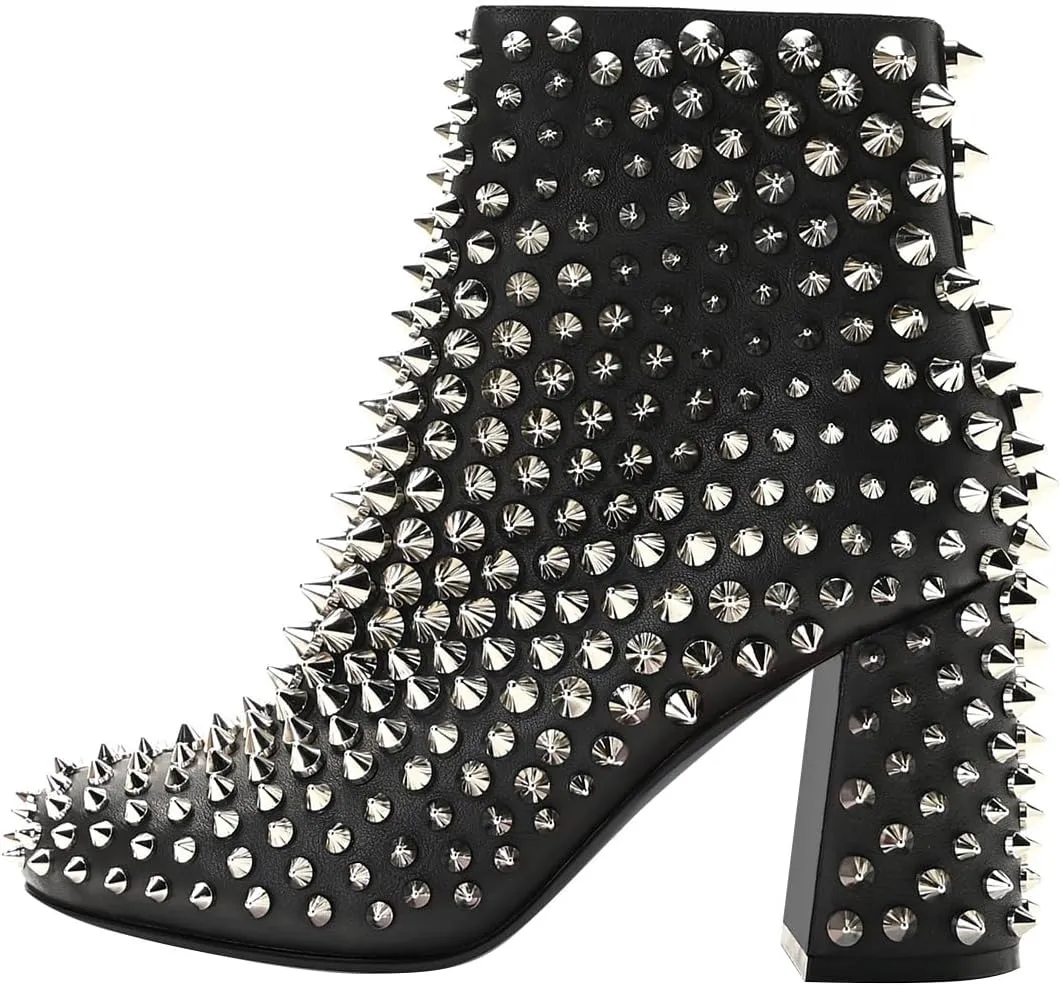 FSJ Women Round Toe Studded Chunky Heel Ankle Boots Side Zipper Sexy High Block Heel Rivets Bootie Fashion Party Dressy Shoes Size 4-16 US