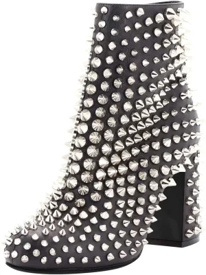 FSJ Women Round Toe Studded Chunky Heel Ankle Boots Side Zipper Sexy High Block Heel Rivets Bootie Fashion Party Dressy Shoes Size 4-16 US