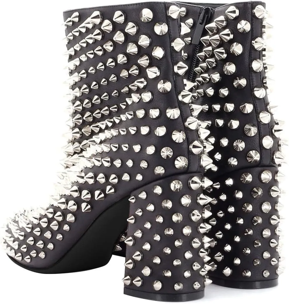 FSJ Women Round Toe Studded Chunky Heel Ankle Boots Side Zipper Sexy High Block Heel Rivets Bootie Fashion Party Dressy Shoes Size 4-16 US