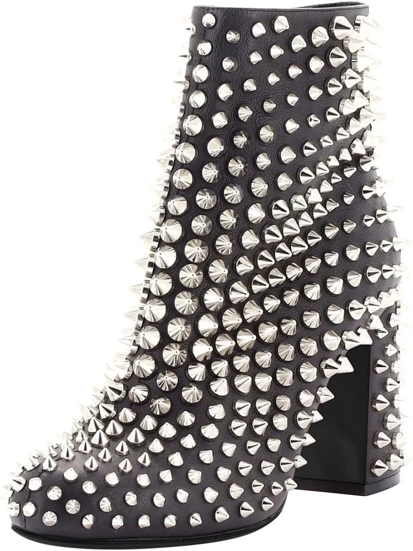 FSJ Women Round Toe Studded Chunky Heel Ankle Boots Side Zipper Sexy High Block Heel Rivets Bootie Fashion Party Dressy Shoes Size 4-16 US