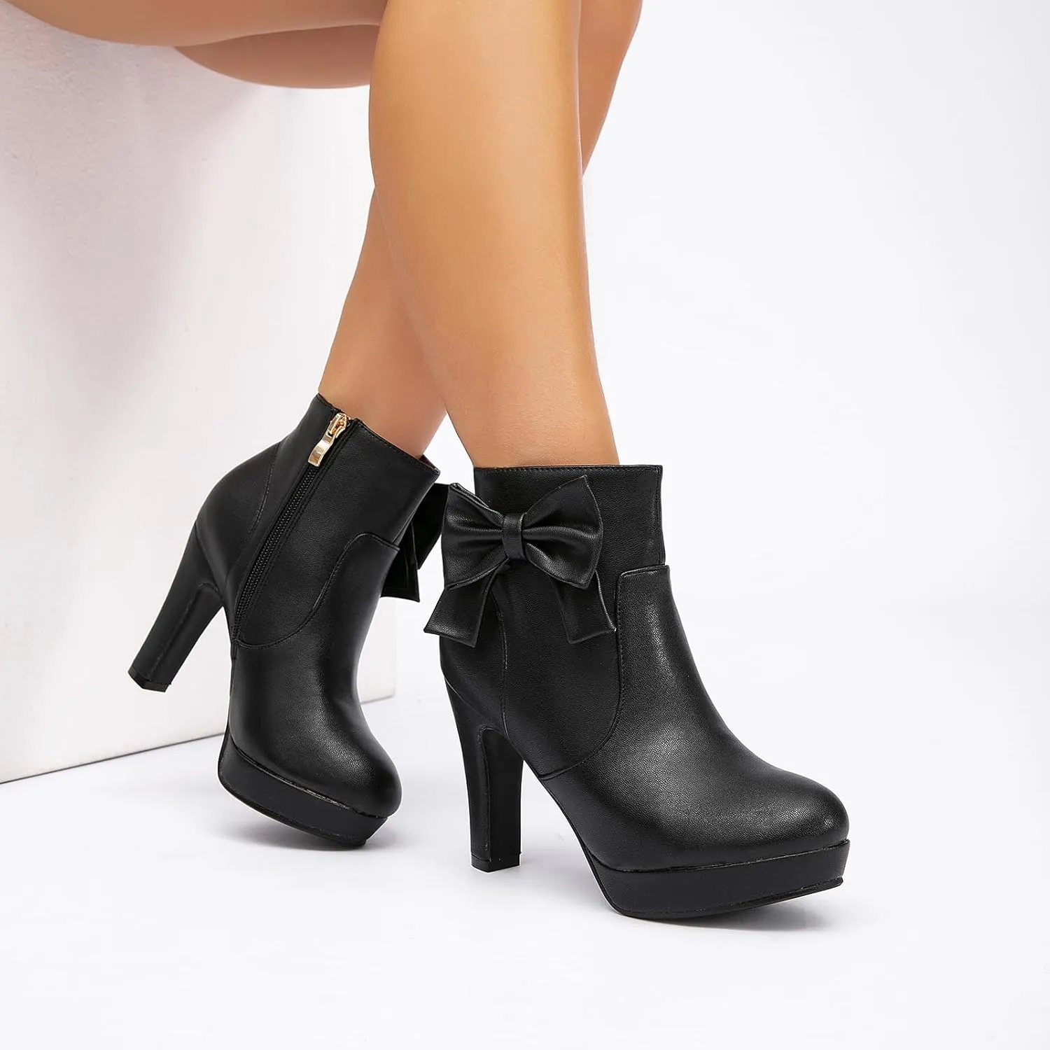 GATUXUS Women's Chunky High Heels Bow Decor Ankle Boots Round Toe Side Zipper Platform Short Booties Dress Shoes