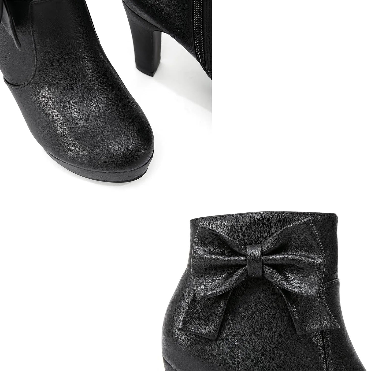 GATUXUS Women's Chunky High Heels Bow Decor Ankle Boots Round Toe Side Zipper Platform Short Booties Dress Shoes
