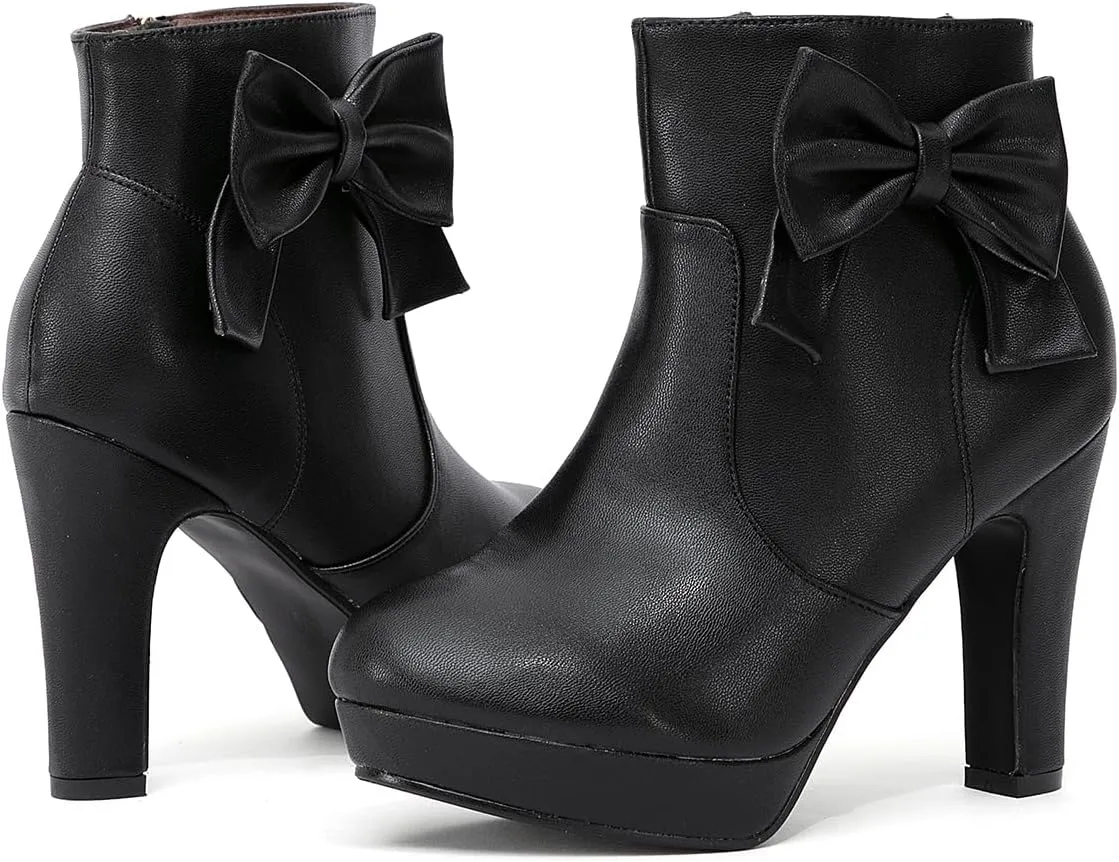 GATUXUS Women's Chunky High Heels Bow Decor Ankle Boots Round Toe Side Zipper Platform Short Booties Dress Shoes
