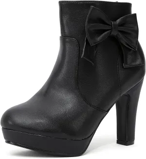GATUXUS Women's Chunky High Heels Bow Decor Ankle Boots Round Toe Side Zipper Platform Short Booties Dress Shoes