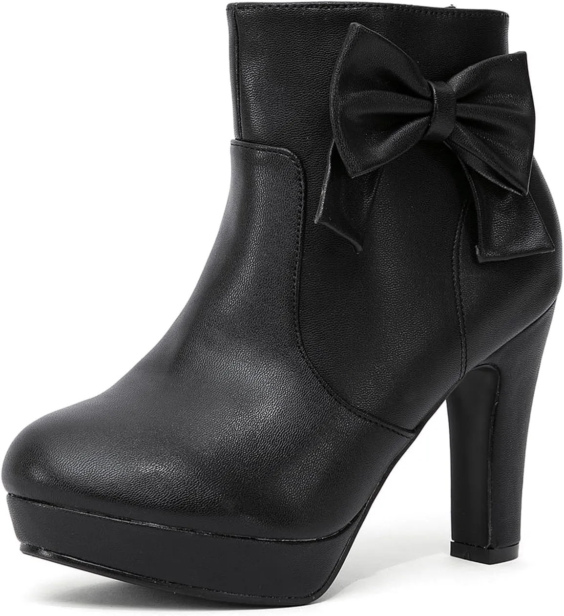 GATUXUS Women's Chunky High Heels Bow Decor Ankle Boots Round Toe Side Zipper Platform Short Booties Dress Shoes