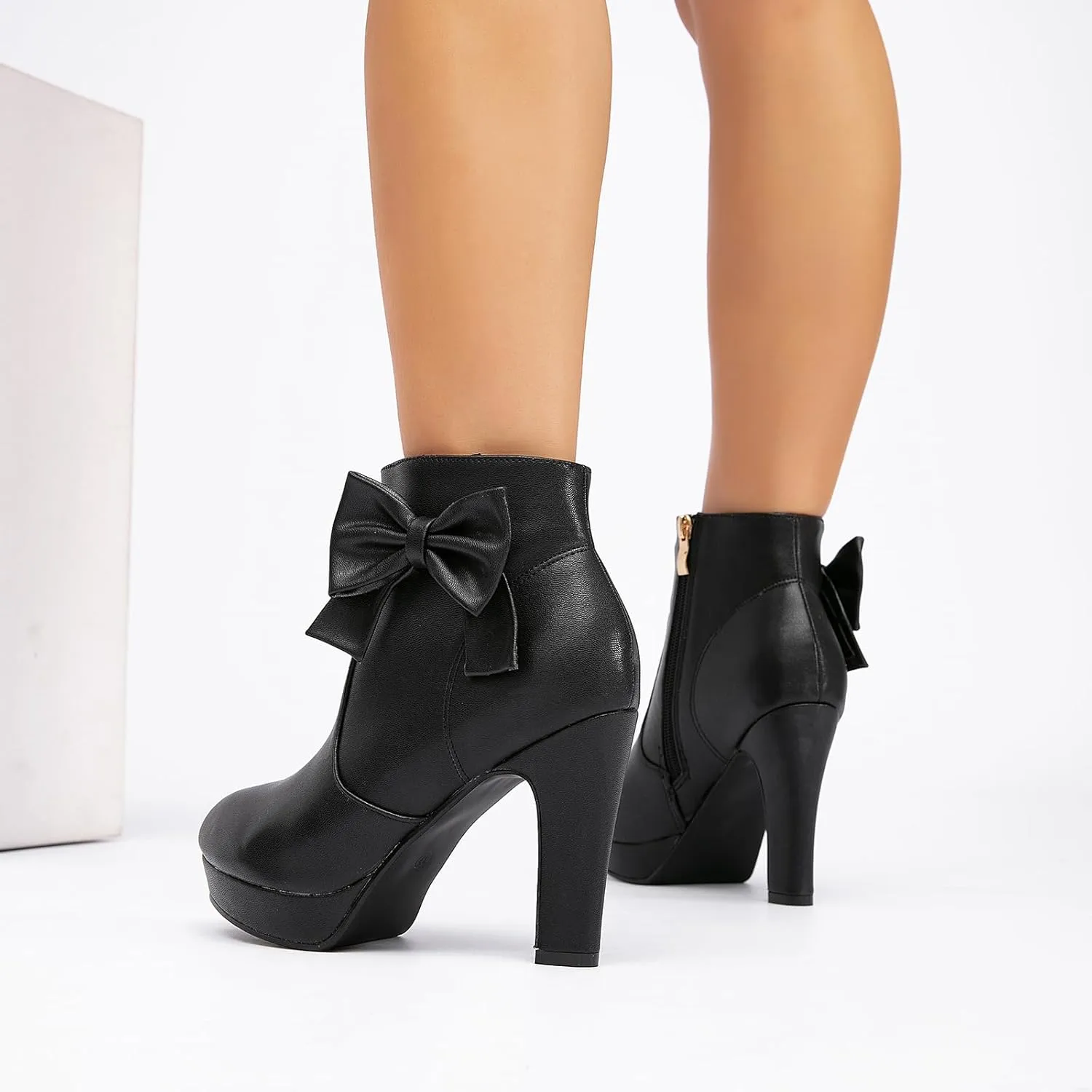 GATUXUS Women's Chunky High Heels Bow Decor Ankle Boots Round Toe Side Zipper Platform Short Booties Dress Shoes