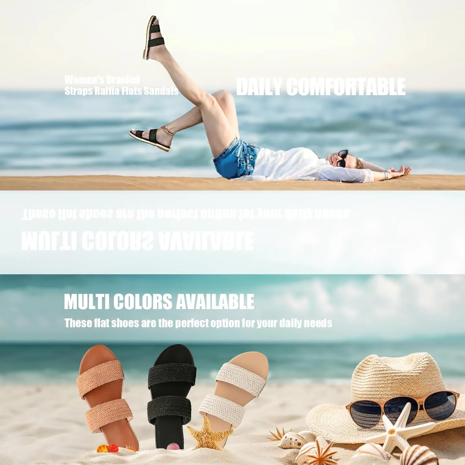 GATUXUS Women's Espadrille Slides Flat Sandals Open Toe Braided Straps Slip On Summer Beach Flats Shoes