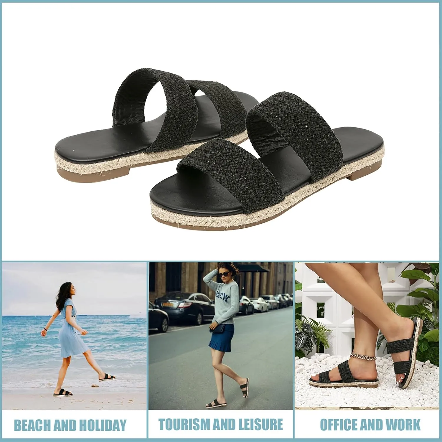 GATUXUS Women's Espadrille Slides Flat Sandals Open Toe Braided Straps Slip On Summer Beach Flats Shoes