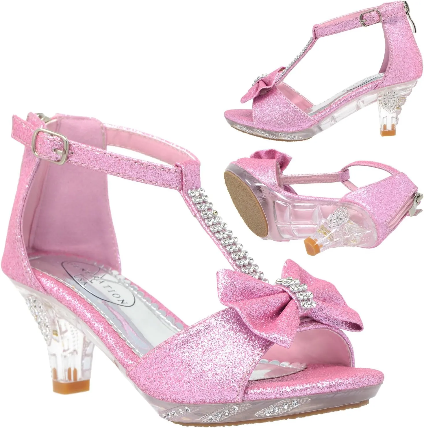Generation Y Kids Dress Sandals T-Strap Rhinestone Glitter Clear High Heel Girls Shoes