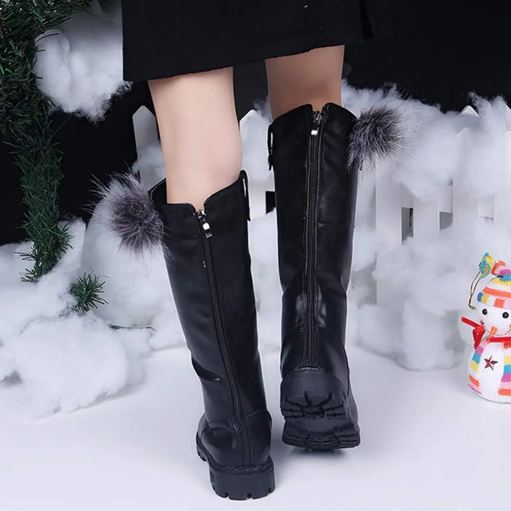 Girl's Waterproof Back Zipper Fur Tall Riding Boots Girls Knee High Boots Leather Girls Winter Boots Kids