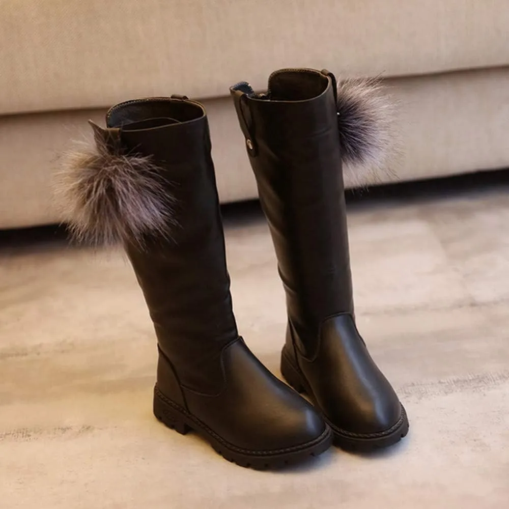 Girl's Waterproof Back Zipper Fur Tall Riding Boots Girls Knee High Boots Leather Girls Winter Boots Kids