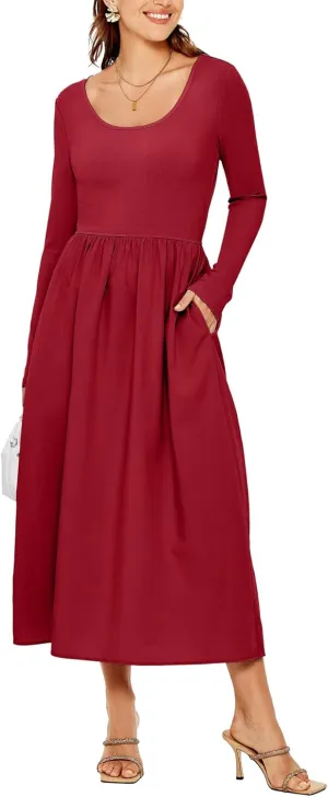 Glamaker Womens Long Sleeve Midi Dress 2025 Spring Wedding Guest Dress Casual HOCO A Line Holiday Dress with Pockets