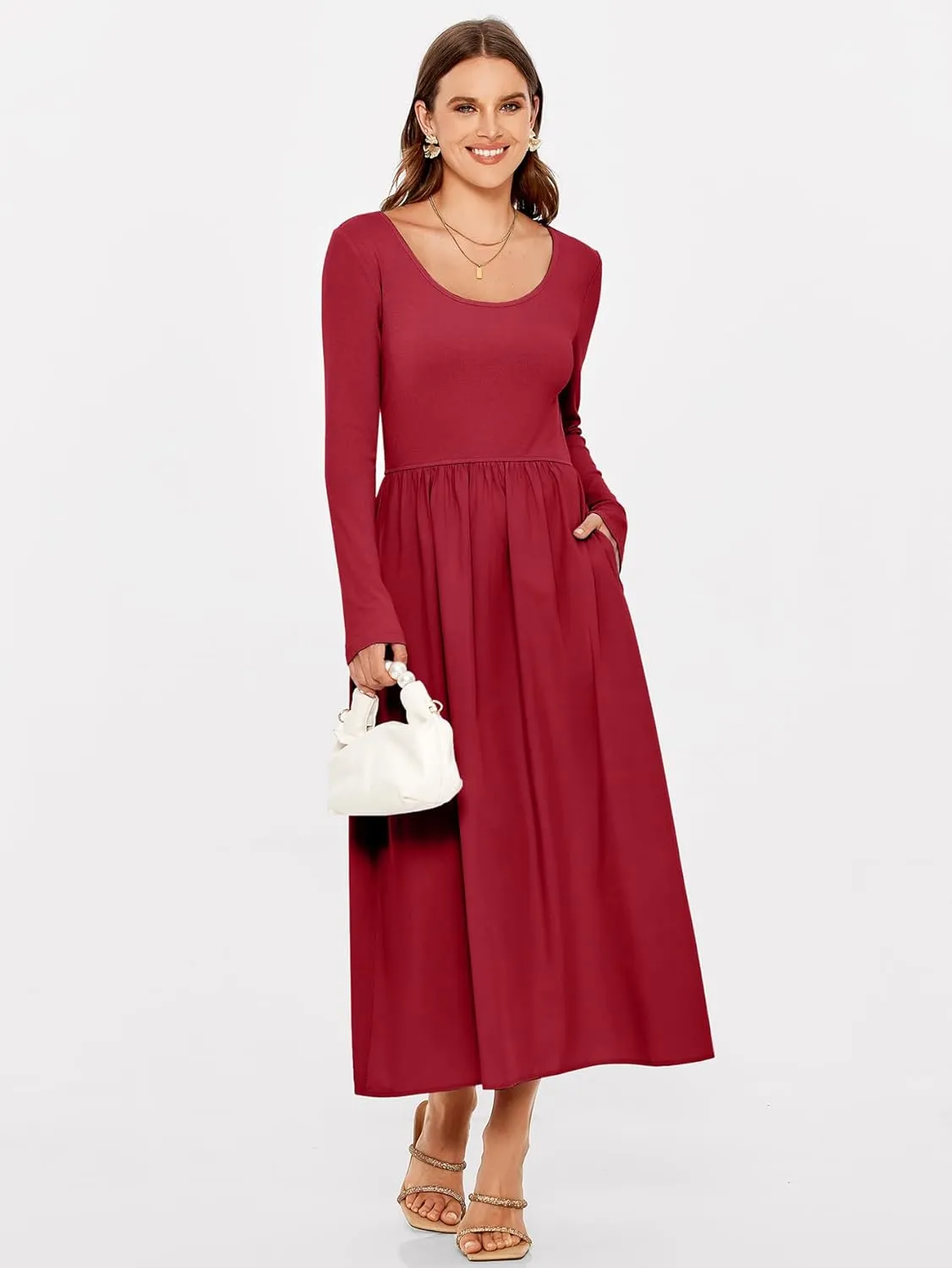 Glamaker Womens Long Sleeve Midi Dress 2025 Spring Wedding Guest Dress Casual HOCO A Line Holiday Dress with Pockets