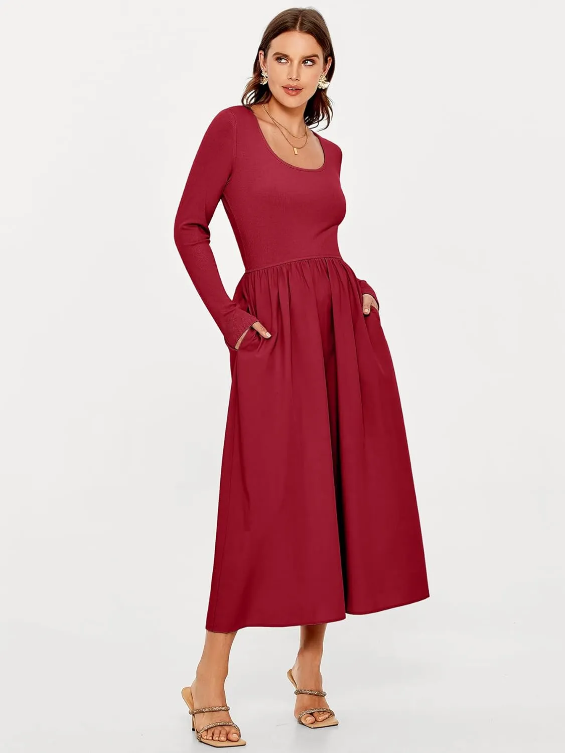 Glamaker Womens Long Sleeve Midi Dress 2025 Spring Wedding Guest Dress Casual HOCO A Line Holiday Dress with Pockets
