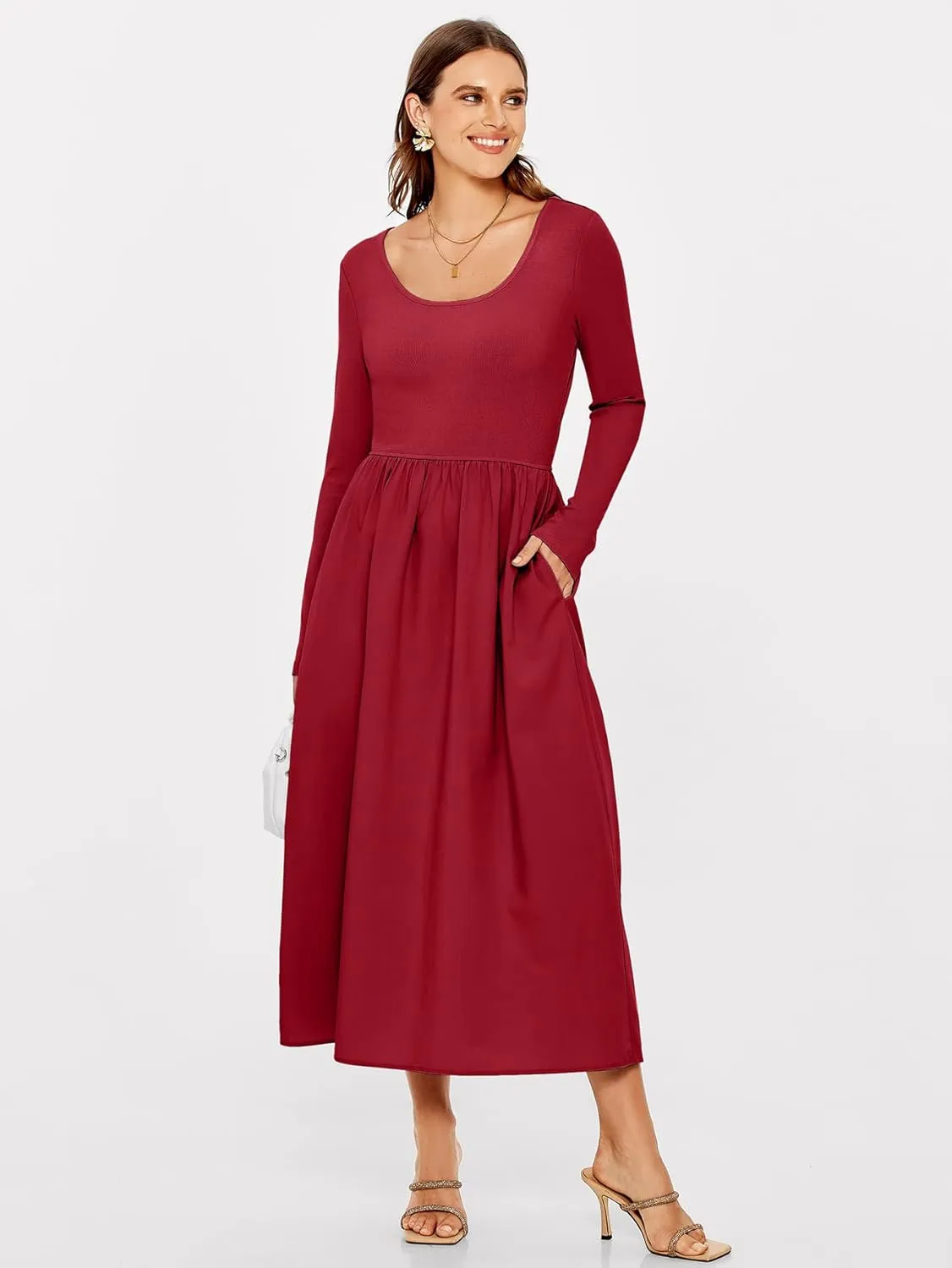 Glamaker Womens Long Sleeve Midi Dress 2025 Spring Wedding Guest Dress Casual HOCO A Line Holiday Dress with Pockets