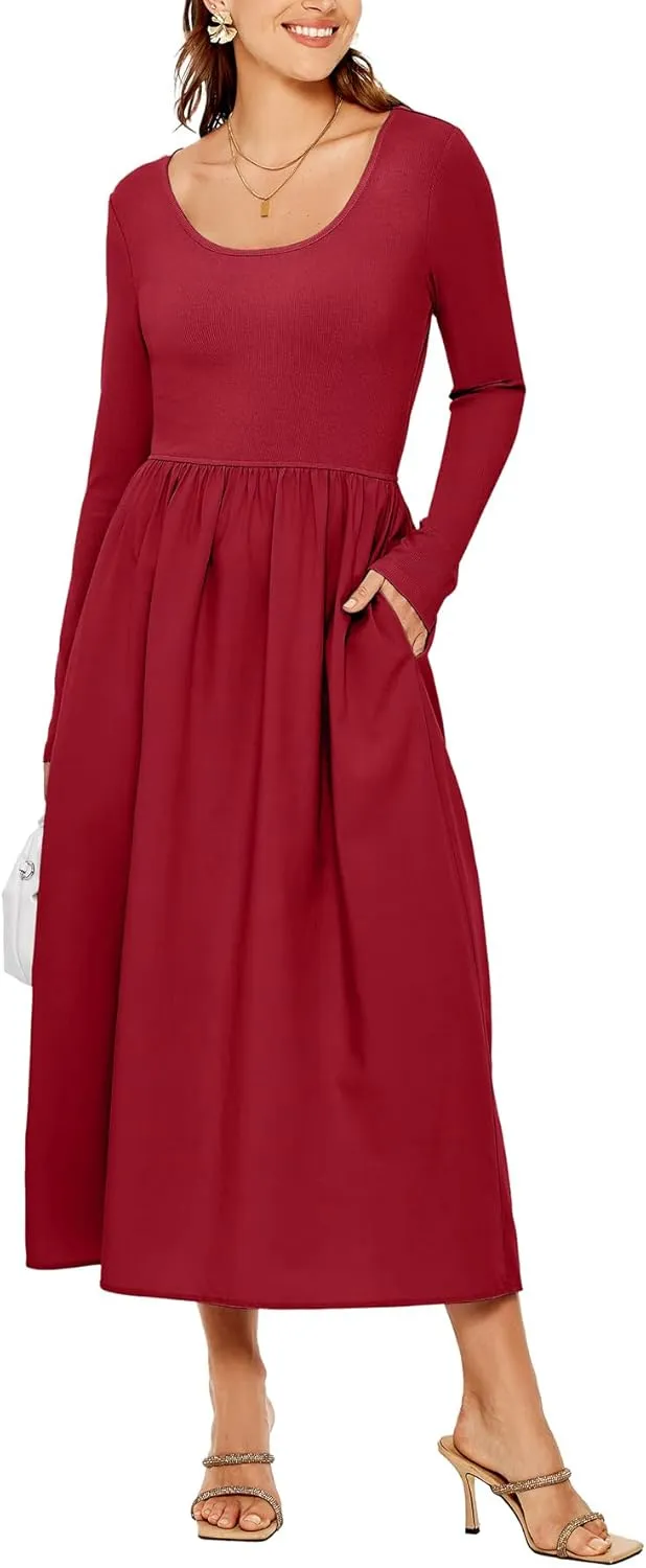 Glamaker Womens Long Sleeve Midi Dress 2025 Spring Wedding Guest Dress Casual HOCO A Line Holiday Dress with Pockets