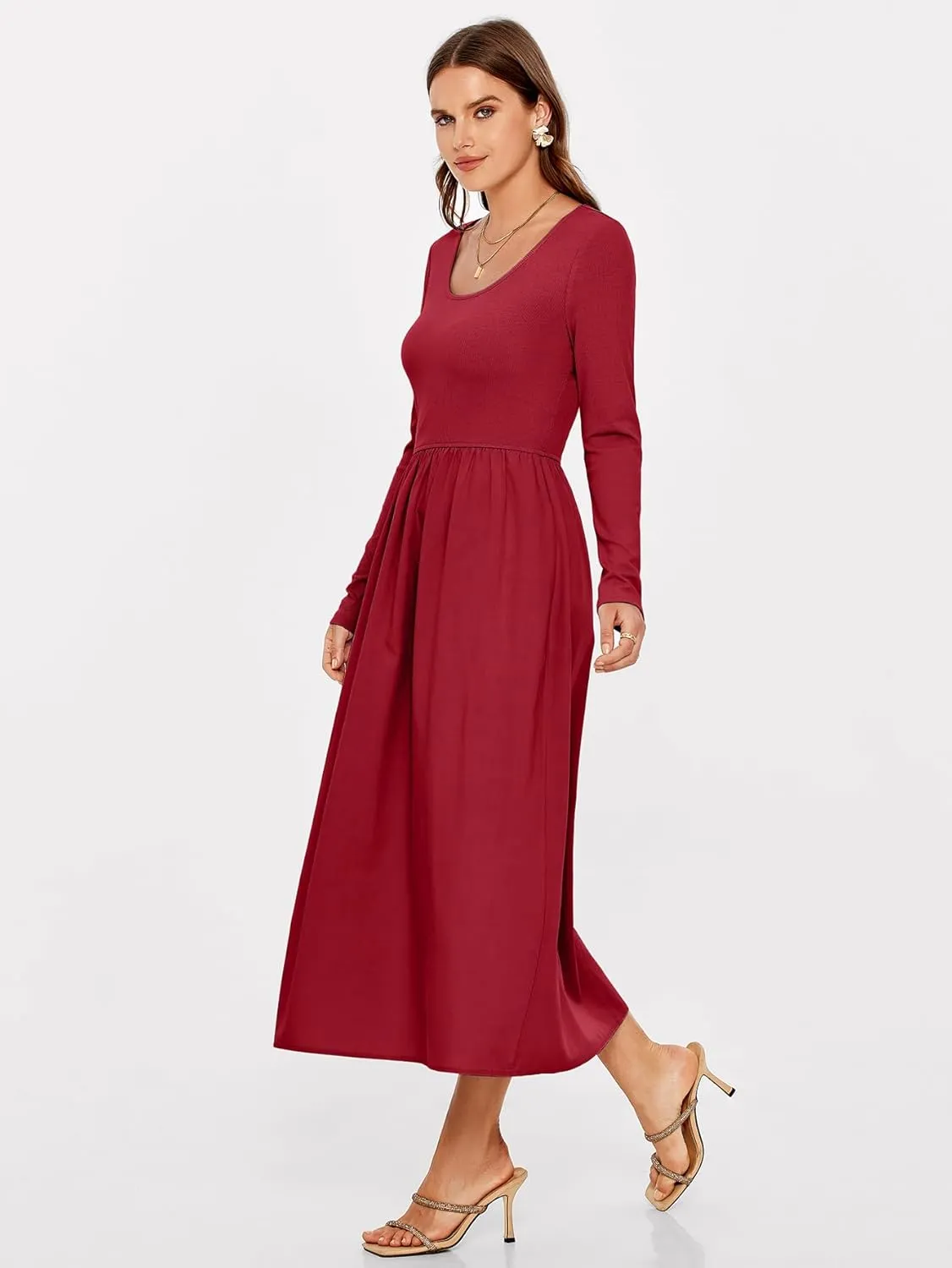 Glamaker Womens Long Sleeve Midi Dress 2025 Spring Wedding Guest Dress Casual HOCO A Line Holiday Dress with Pockets