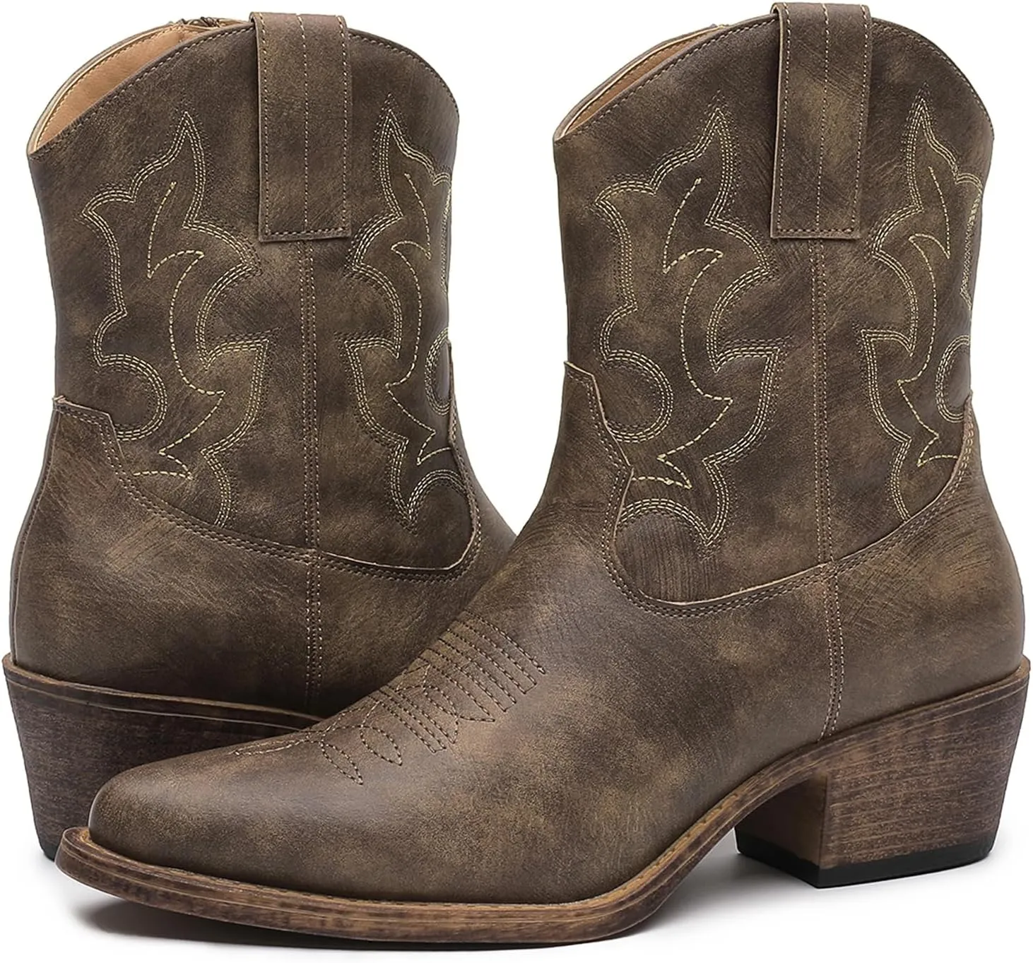 GLOBALWIN Cowboy Boots For Women Cute Cowgirl Boots Women's Western Boots With Embroidery Side Zipper Chunky Heel