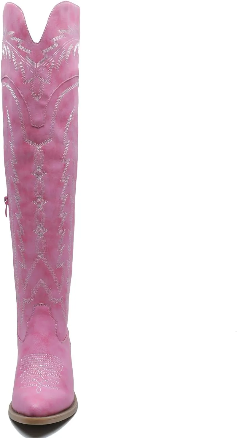 GLOBALWIN Women's Cowboy Western Fashion Over The Knee Thigh High Cowgirl Boots Low Heel