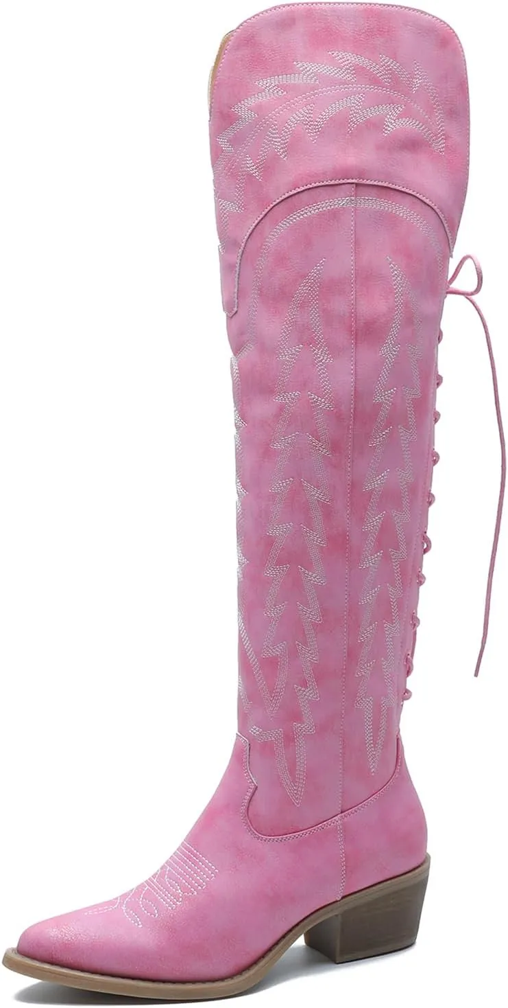 GLOBALWIN Women's Cowboy Western Fashion Over The Knee Thigh High Cowgirl Boots Low Heel