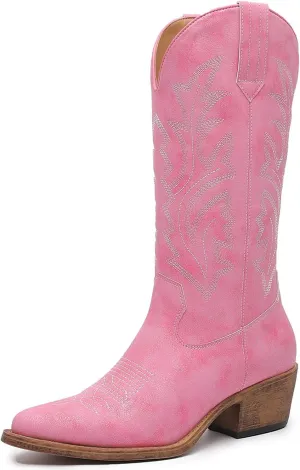 GLOBALWIN Women's Mid Calf Western Cowboy Boots Cowgirl Boots for Women with Floral Embroidery Side Zipper Chunky Heel