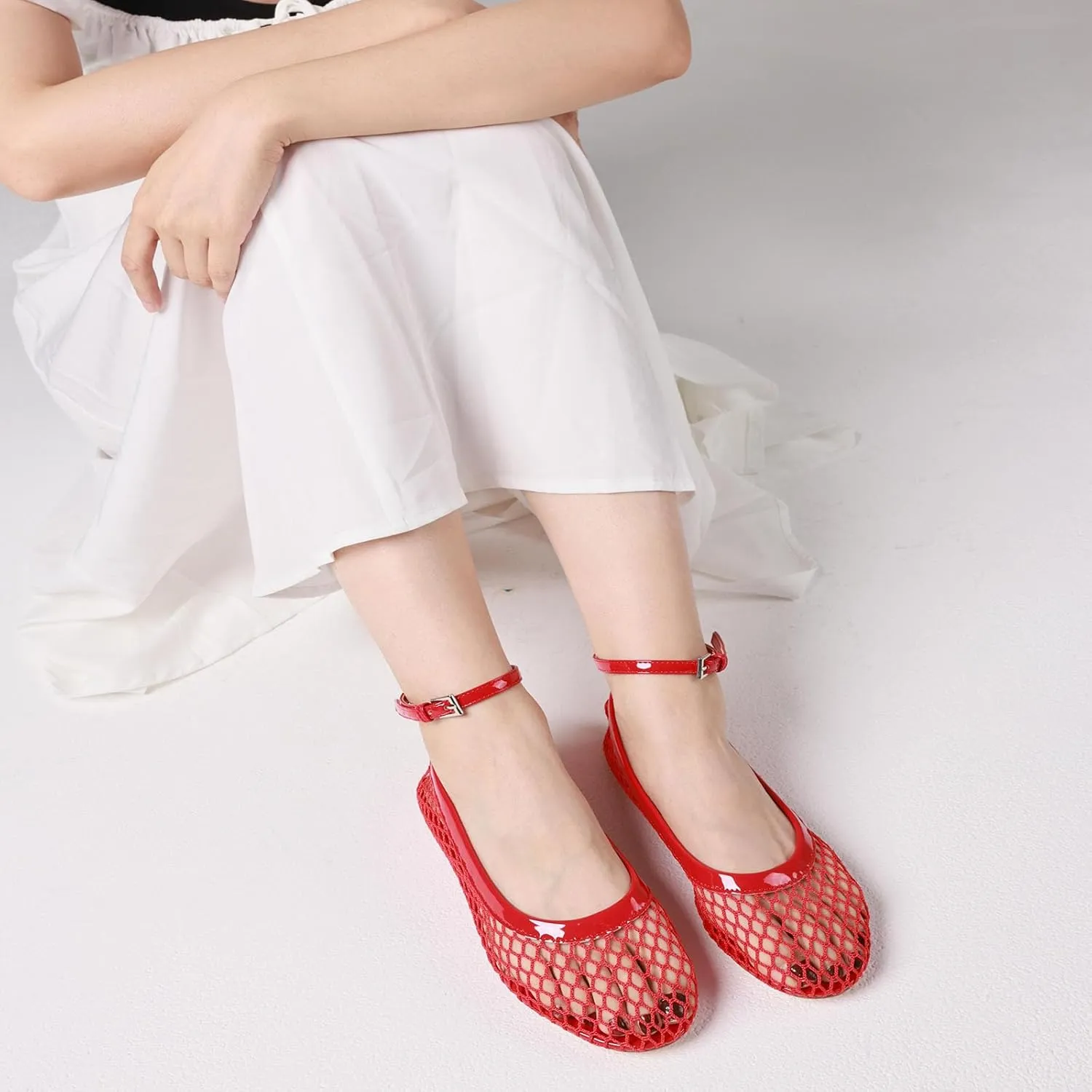 Goiphrri Ballet Flats Shoes for Women Dressy Comfortable Ankle Strap Mesh Ballet Flats for Women Round Toe Ballerina Flats for Women Summer Casual Daily Dress Mesh Flats Shoes