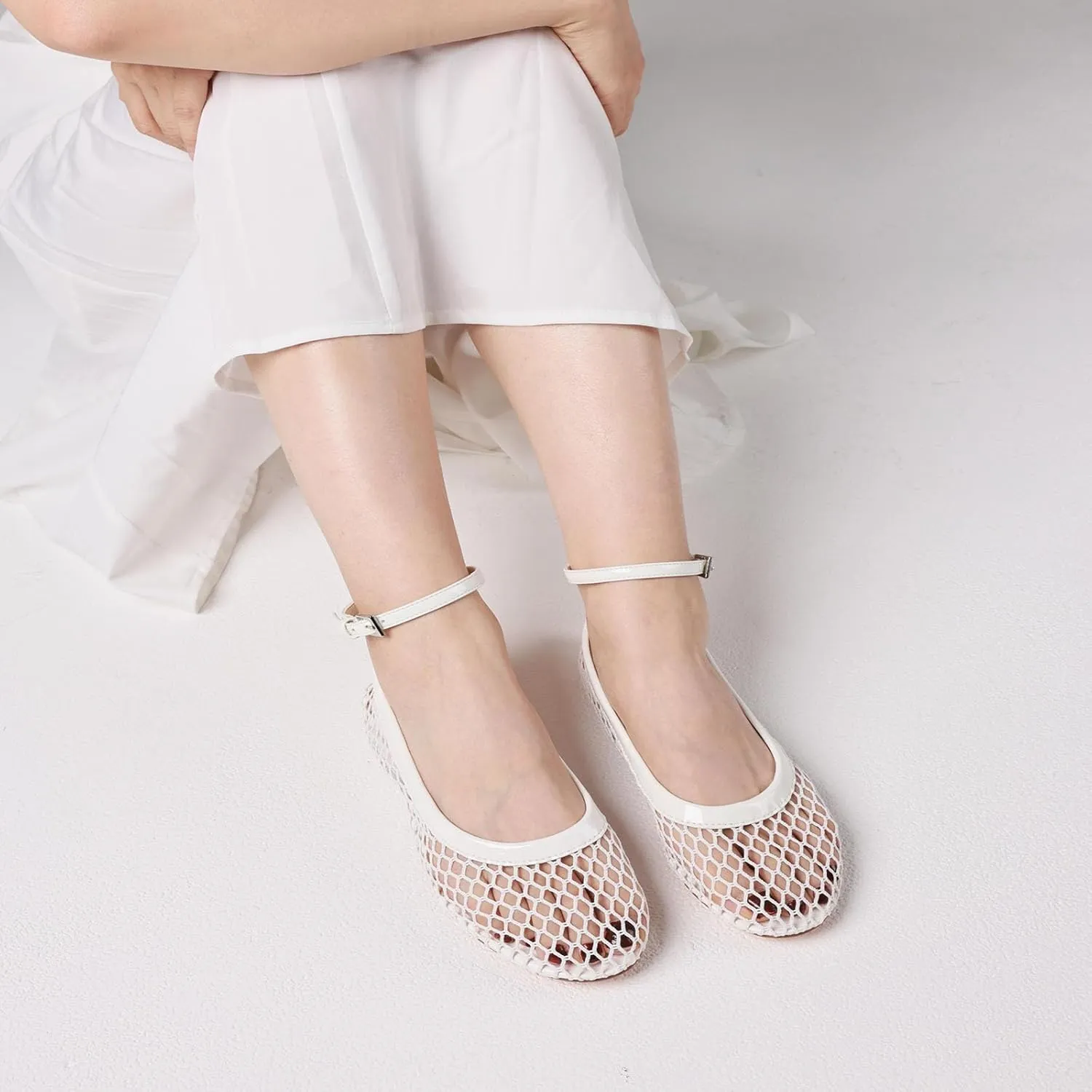 Goiphrri Ballet Flats Shoes for Women Dressy Comfortable Ankle Strap Mesh Ballet Flats for Women Round Toe Ballerina Flats for Women Summer Casual Daily Dress Mesh Flats Shoes