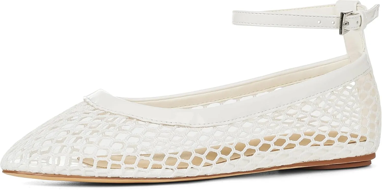 Goiphrri Ballet Flats Shoes for Women Dressy Comfortable Ankle Strap Mesh Ballet Flats for Women Round Toe Ballerina Flats for Women Summer Casual Daily Dress Mesh Flats Shoes