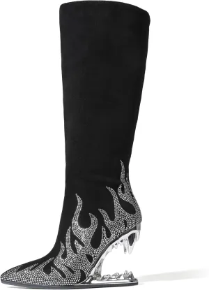 Goiphrri Knee High Boots for Women Suede Wide Calf Boots Side Zipper Tiger Tooth Heel Tall Boot Pointed Toe High Heeled Fall Boot for Women