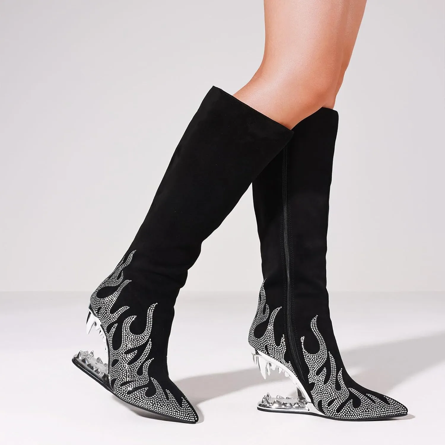 Goiphrri Knee High Boots for Women Suede Wide Calf Boots Side Zipper Tiger Tooth Heel Tall Boot Pointed Toe High Heeled Fall Boot for Women