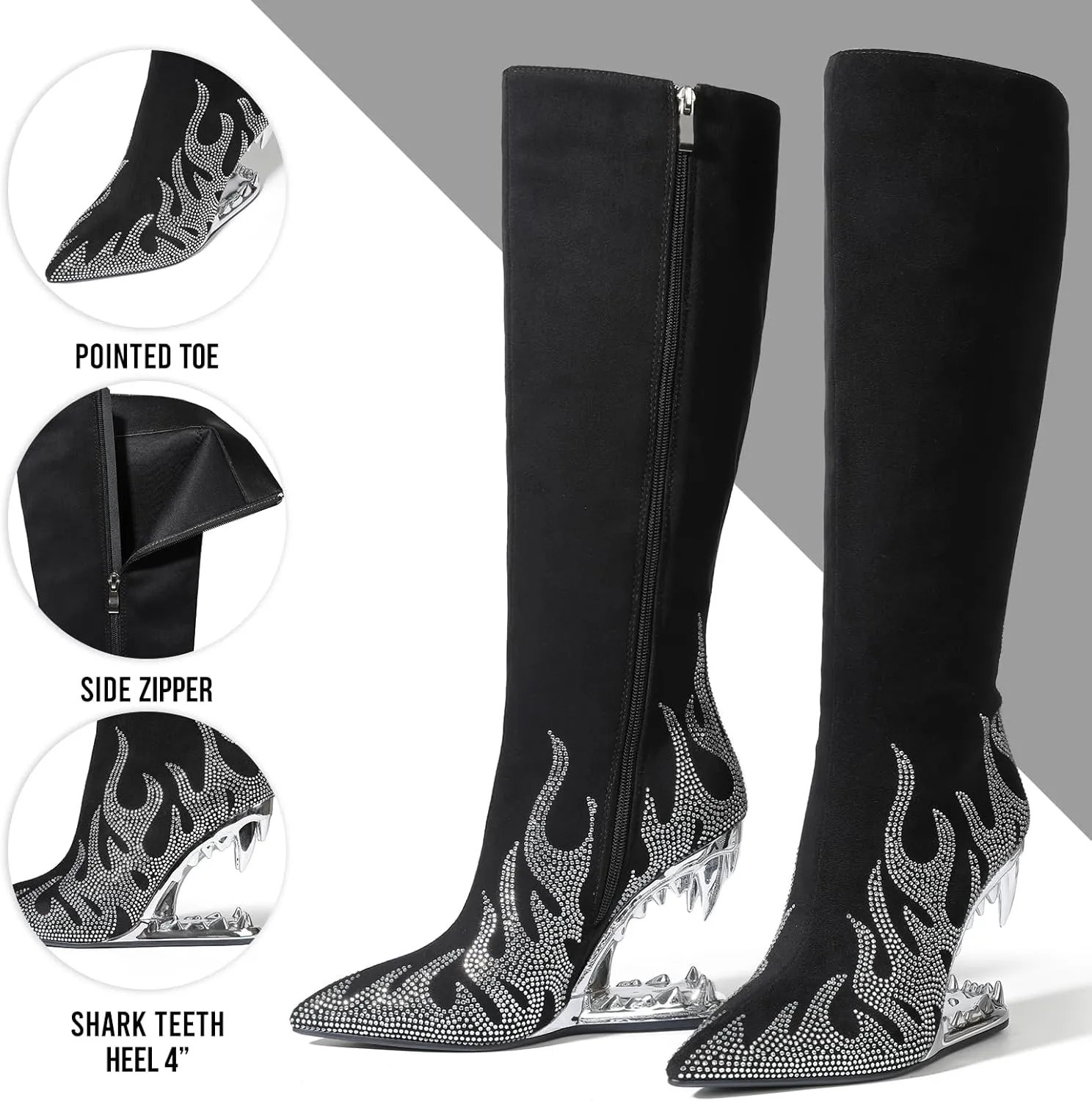 Goiphrri Knee High Boots for Women Suede Wide Calf Boots Side Zipper Tiger Tooth Heel Tall Boot Pointed Toe High Heeled Fall Boot for Women