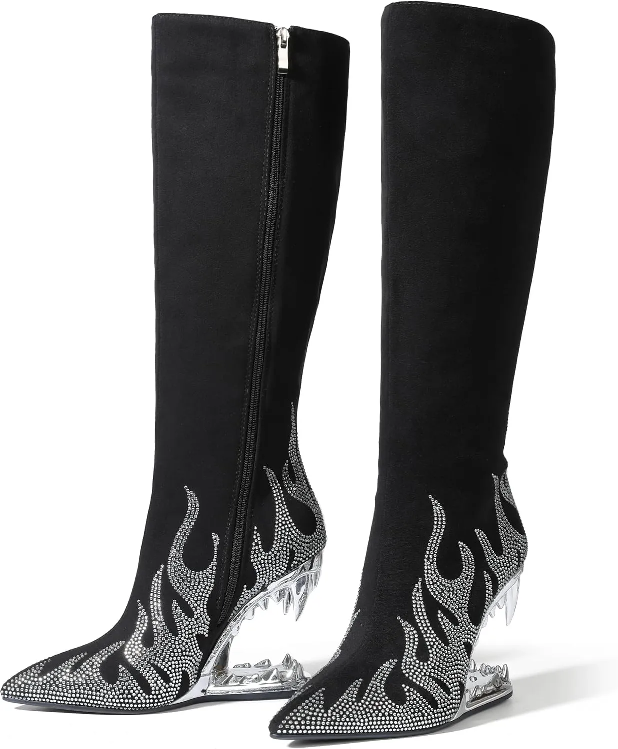Goiphrri Knee High Boots for Women Suede Wide Calf Boots Side Zipper Tiger Tooth Heel Tall Boot Pointed Toe High Heeled Fall Boot for Women