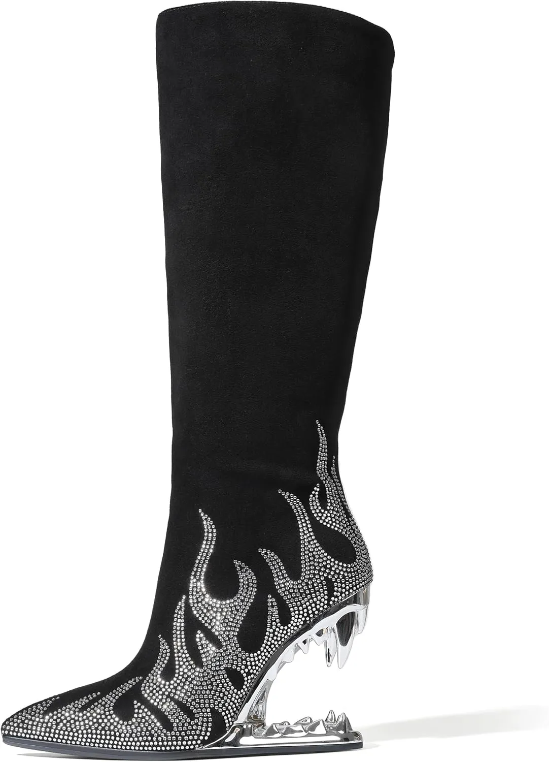 Goiphrri Knee High Boots for Women Suede Wide Calf Boots Side Zipper Tiger Tooth Heel Tall Boot Pointed Toe High Heeled Fall Boot for Women