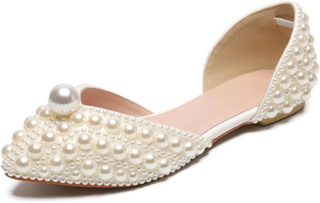 Goolita Pearl Ballet Flats for Women, Pointed Toe Low Heel Slip On D'Orsay Flat Shoes Comfortable Evening Bridal Shoes for Wedding