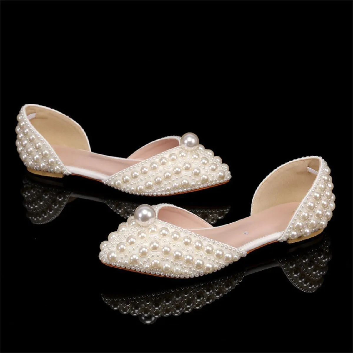 Goolita Pearl Ballet Flats for Women, Pointed Toe Low Heel Slip On D'Orsay Flat Shoes Comfortable Evening Bridal Shoes for Wedding
