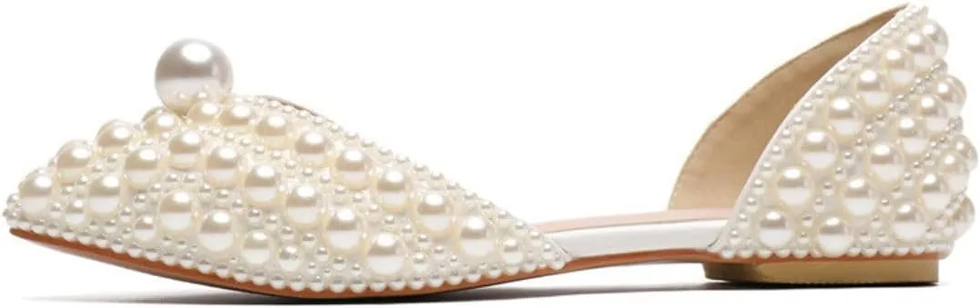 Goolita Pearl Ballet Flats for Women, Pointed Toe Low Heel Slip On D'Orsay Flat Shoes Comfortable Evening Bridal Shoes for Wedding