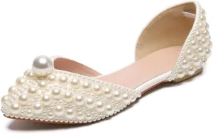 Goolita Pearl Ballet Flats for Women, Pointed Toe Low Heel Slip On D'Orsay Flat Shoes Comfortable Evening Bridal Shoes for Wedding