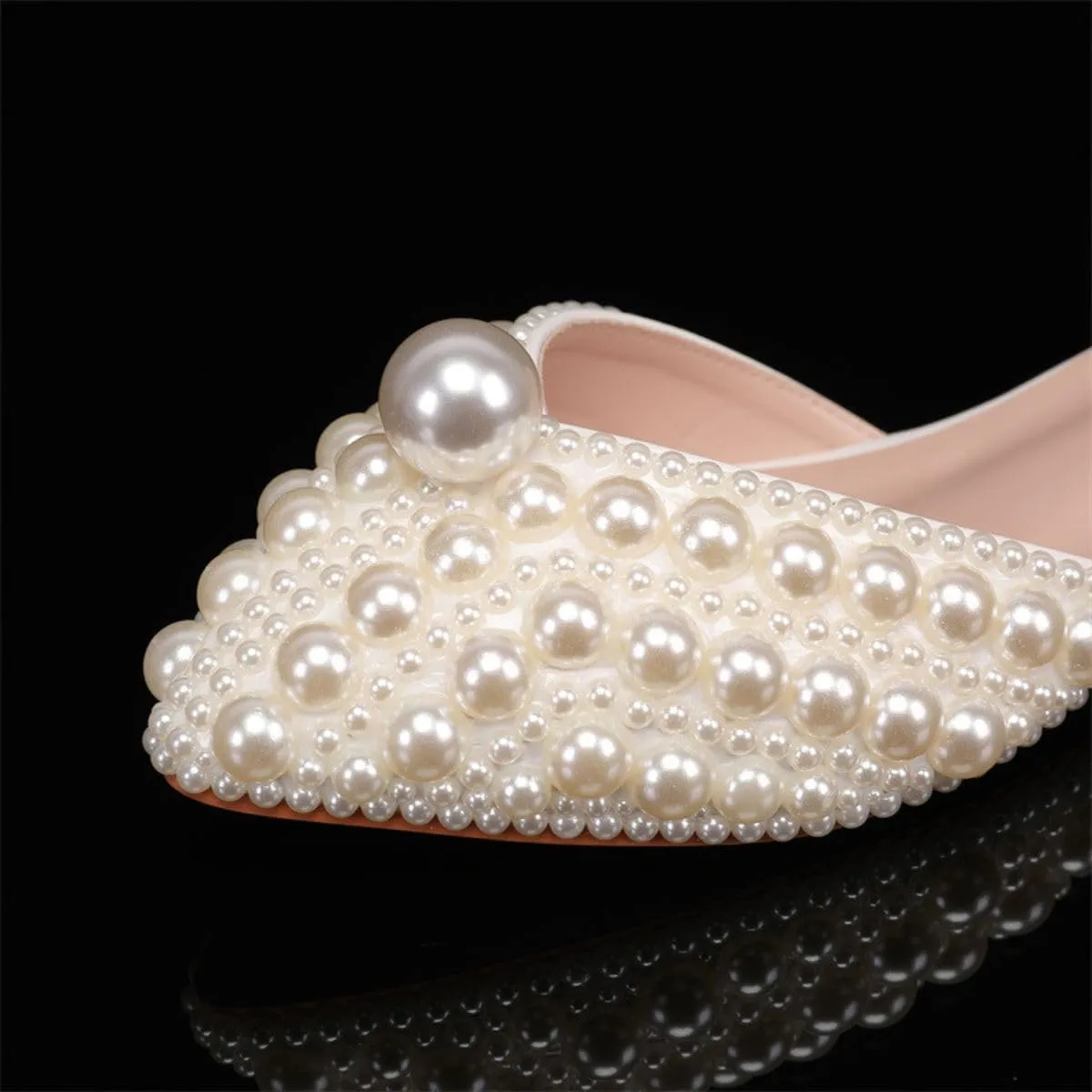 Goolita Pearl Ballet Flats for Women, Pointed Toe Low Heel Slip On D'Orsay Flat Shoes Comfortable Evening Bridal Shoes for Wedding