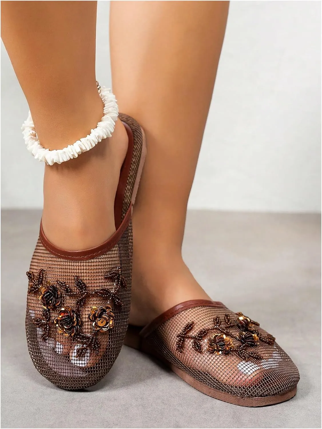 GORGLITTER Women's Chinese Slippers Floral Mesh Round Toe Flats Sandals