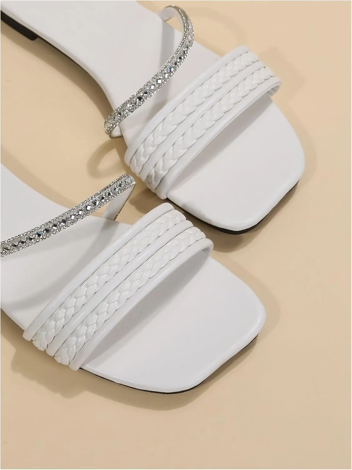 GORGLITTER Women's Glitter Rhinestone Braided Strappy Flats Pu Leather Square Open Toe Slide Sandals
