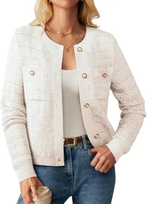 GRACE KARIN Womens Open Front Button Down Long Sleeve Texture Knit Cardigan Sweaters with Pockets
