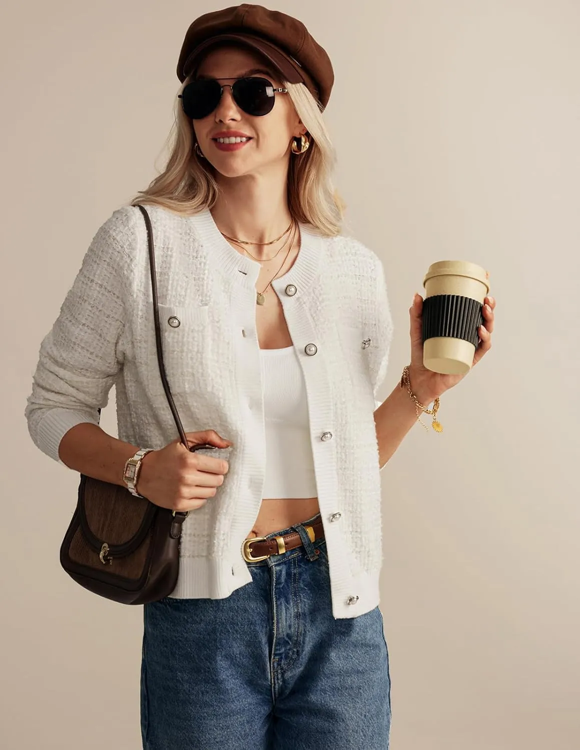 GRACE KARIN Womens Open Front Button Down Long Sleeve Texture Knit Cardigan Sweaters with Pockets