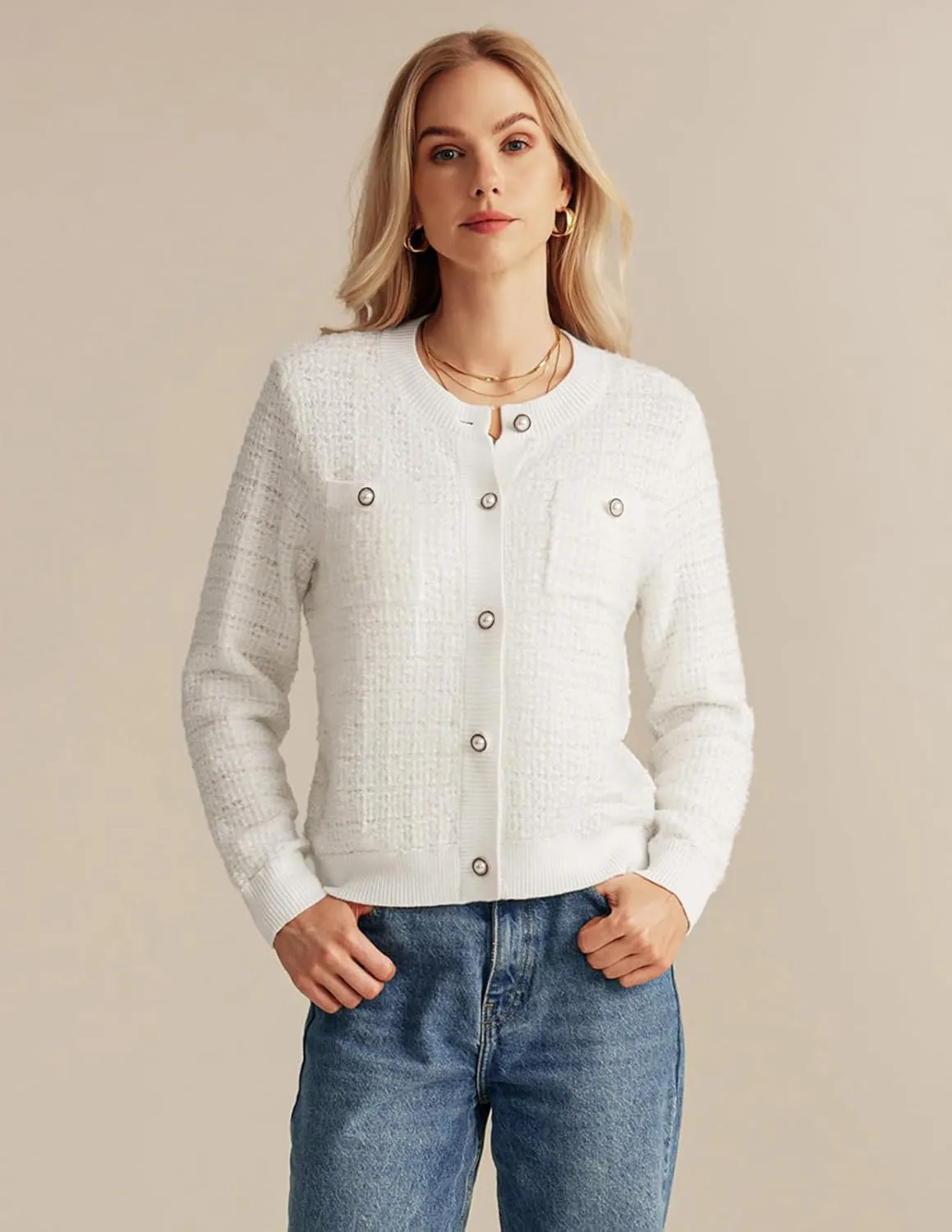 GRACE KARIN Womens Open Front Button Down Long Sleeve Texture Knit Cardigan Sweaters with Pockets