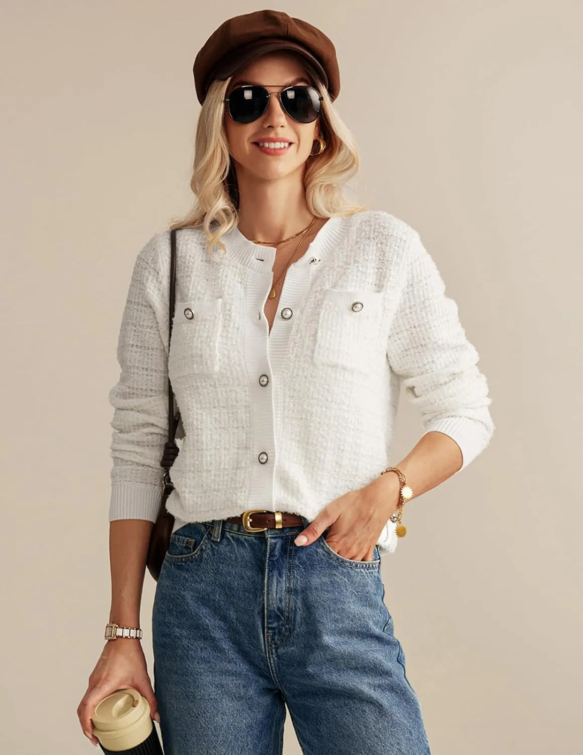 GRACE KARIN Womens Open Front Button Down Long Sleeve Texture Knit Cardigan Sweaters with Pockets