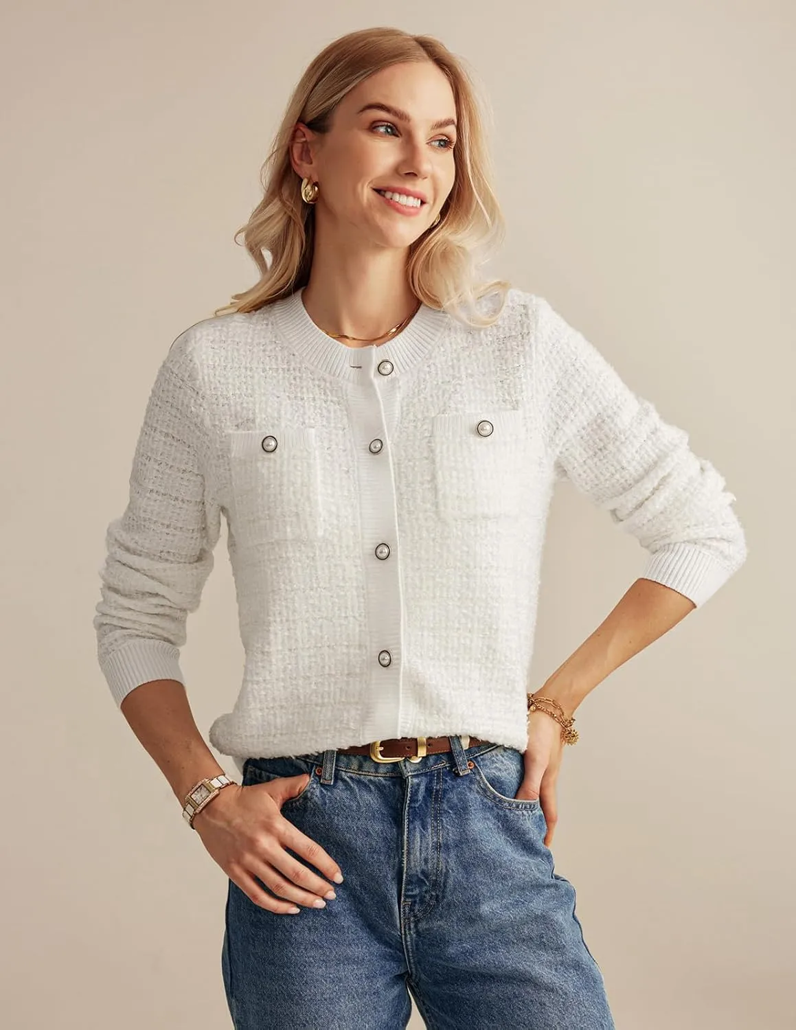 GRACE KARIN Womens Open Front Button Down Long Sleeve Texture Knit Cardigan Sweaters with Pockets