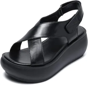 Handmade Genuine Leather Thick-Soled Wedge Sandals, Fashionable Retro Style Non-Slip Thick Heel Round Open Toe Sandals with Adjustable Hook and Loop, Suitable for Daily Wear