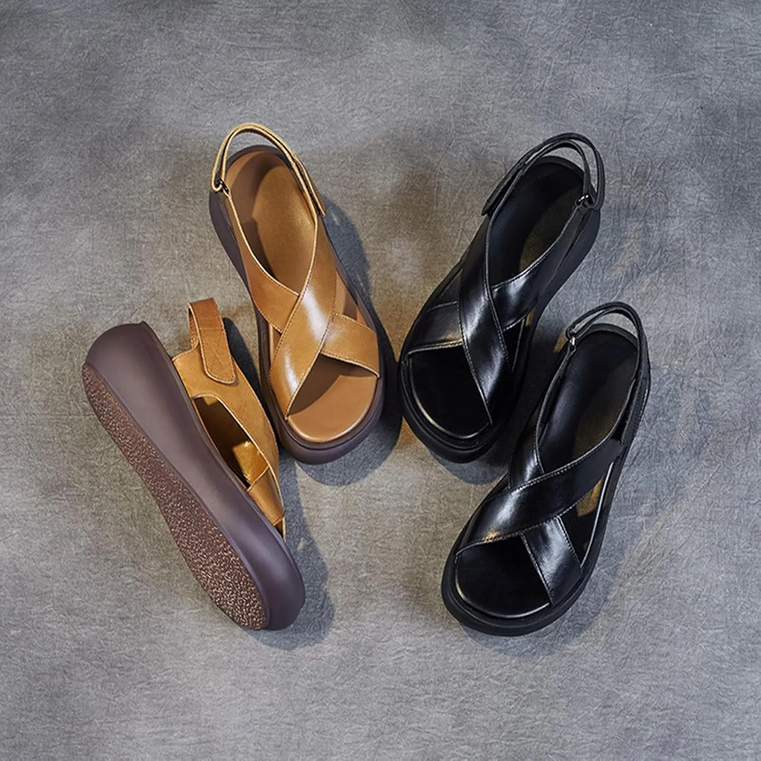 Handmade Genuine Leather Thick-Soled Wedge Sandals, Fashionable Retro Style Non-Slip Thick Heel Round Open Toe Sandals with Adjustable Hook and Loop, Suitable for Daily Wear