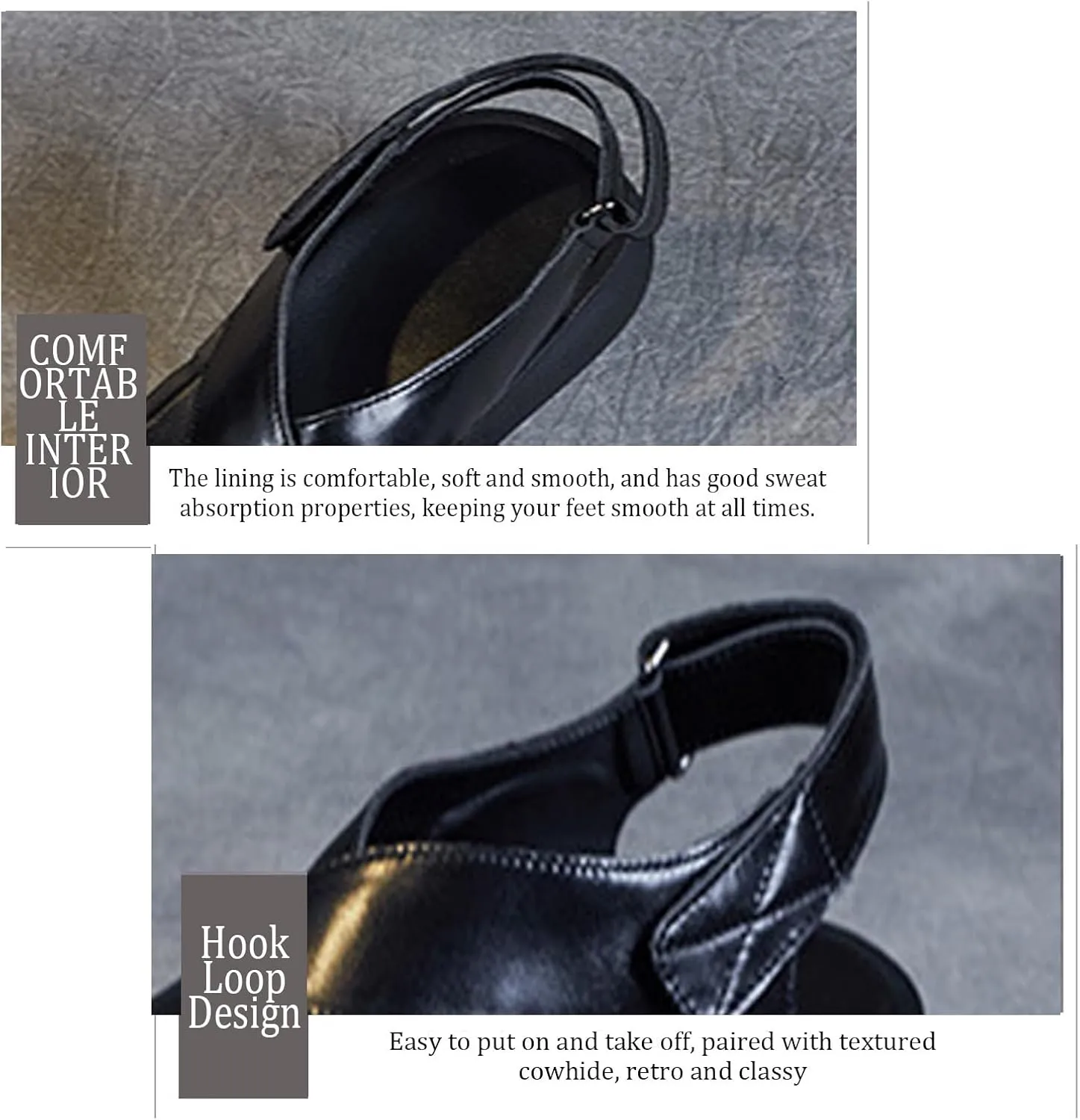 Handmade Genuine Leather Thick-Soled Wedge Sandals, Fashionable Retro Style Non-Slip Thick Heel Round Open Toe Sandals with Adjustable Hook and Loop, Suitable for Daily Wear